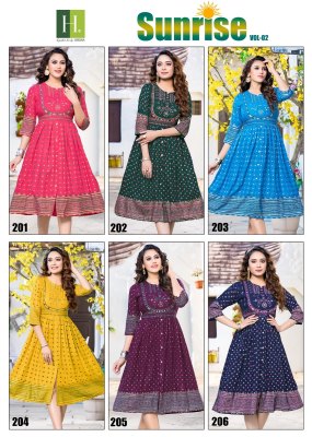 H dot Hirwa by Sunrise vol 2 heavy reyon ghera frock style kurti catalogue  kurtis catalogs