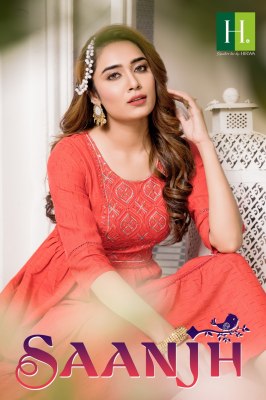 H dot hirwa by Saanjh heavy viscose Long Ghera with Embroidery  kurti catalogue at wholesale price hirwa