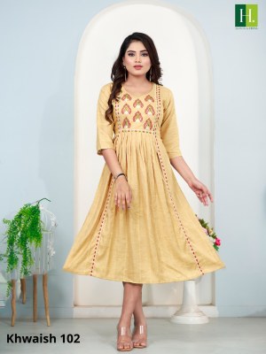 H dot hirwa by khwaish heavy bombay reyon weaving flared kurti catalog at wholesale price kurtis catalogs