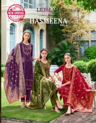 Hasmeena vol 4 by lily and lali hand embroidered fancy kurti pant and dupatta catalogue at affordable rate readymade suit catalogs