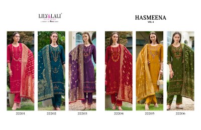 Hasmeena vol 4 by lily and lali hand embroidered fancy kurti pant and dupatta catalogue at affordable rate readymade suit catalogs