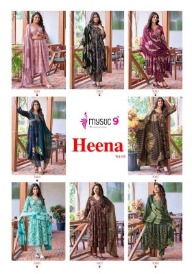 Heena vol 3 by Mystic 9 premium reyon foil print readymade suit catalogue at affordable rate readymade suit catalogs