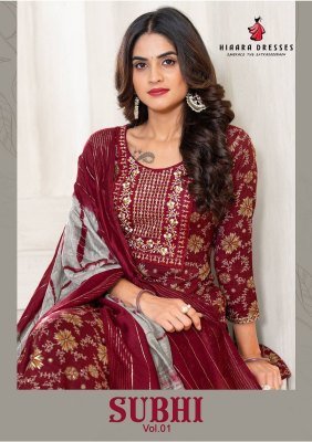 Hiaara Subhi Vol 1 Premium Rayon Kurti Pant Dupatta Set Foil Print Tie Dye Jari Dupatta Wholesale wholesale catalogs