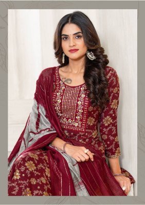 Hiaara Subhi Vol 1 Premium Rayon Kurti Pant Dupatta Set Foil Print Tie Dye Jari Dupatta Wholesale kurti pant with dupatta Catalogs