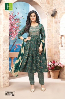 Hirwa by Sheen Naira fancy reyon naira cut kurti pant and dupatta catalogue at affordable rate readymade suit catalogs