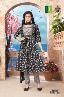 Hirwa by Sheen Naira fancy reyon naira cut kurti pant and dupatta catalogue at affordable rate readymade suit catalogs