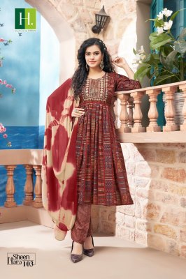 Hirwa by Sheen Naira fancy reyon naira cut kurti pant and dupatta catalogue at affordable rate readymade suit catalogs