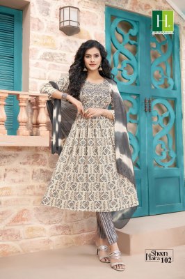 Hirwa by Sheen Naira fancy reyon naira cut kurti pant and dupatta catalogue at affordable rate readymade suit catalogs