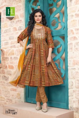 Hirwa by Sheen Naira fancy reyon naira cut kurti pant and dupatta catalogue at affordable rate readymade suit catalogs