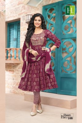 Hirwa by Sheen Naira fancy reyon naira cut kurti pant and dupatta catalogue at affordable rate readymade suit catalogs