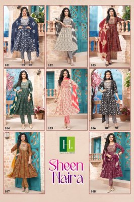 Hirwa by Sheen Naira fancy reyon naira cut kurti pant and dupatta catalogue at affordable rate readymade suit catalogs