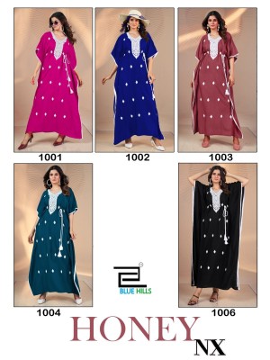 Honey Nx by Blue hills Heavy reyon Embroidered fancy kaftan catalogue at affordable rate kurtis catalogs