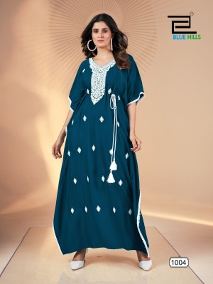 Honey Nx by Blue hills Heavy reyon Embroidered fancy kaftan catalogue at affordable rate kurtis catalogs