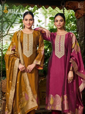 Ibiza Nova Unstitched Suit  Pure Banglory Silk Jacquard with Embroidered Top  Dupatta And Santoon Bottom Wholesale dress material catalogs
