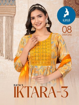 Iktara 4 by Kaya reyon foil printed nyra cut kurti pant and dupatta catalogue at low rate Kaya kurti