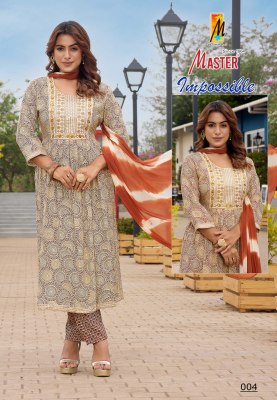 Impossible by master reyon foil print designer kurti pant and dupatta catalogue at affordable rate kurti pant with dupatta Catalogs