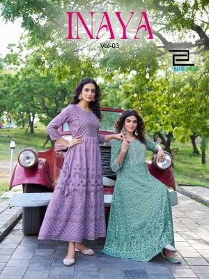 Inaya vol 3 blue hills reyon foil printed flared gown catalogue  gown catalogs