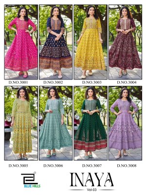 Inaya vol 3 blue hills reyon foil printed flared gown catalogue  gown catalogs