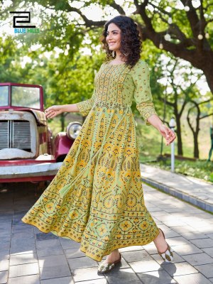 Inaya vol 3 blue hills reyon foil printed flared gown catalogue  gown catalogs