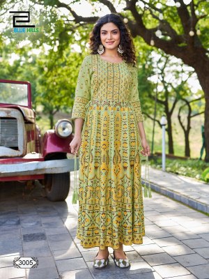 Inaya vol 3 blue hills reyon foil printed flared gown catalogue  gown catalogs