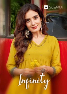 Infinity by Kadlee reyon printed Full Flared Reyon embroidered Kurti catalogue at low rate Kadlee