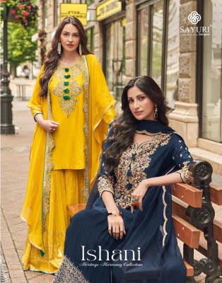 Ishani by Sayuri Designer Premium silk Fancy Sharara Suit Catalogue at low rate fancy sharara suit Catalogs