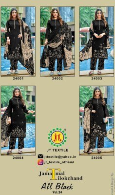 Jamatmal Tilokchand All Black 24 Sequin Embroidered Rayon Suit Set with Printed Bottom And Daman Lace Dupatta Wholesale pakistani suit catalogs