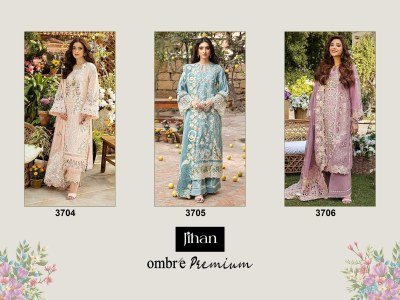 Jihan Ombre Vol 2 Premium Cotton Lawn Unstitched Suits with Embroidery Patches And Kota Dupatta Designs 3704-3705-3706 Wholesale dress material catalogs