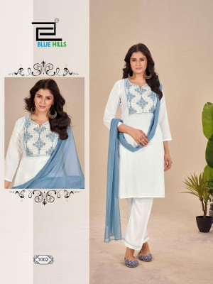 Juliet by Blue Hills Designer reyon Embroidered Top bottom and dupatta catalogue in amavi expo readymade suit catalogs