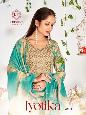 Jyotika vol 1 by Karishna Trends Capsual printed fancy falred kurti pant and dupatta catalogue at affordable rate kurti pant with dupatta Catalogs