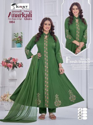 KRST Anarkali Vol 1 Pure Rayon 55 Ghera 50 Long Kurta with Special Round Kali And Designer Sleeve Work, New Rounded Pant Set Astin Work Wholesale fancy Anarkali suit catalogs
