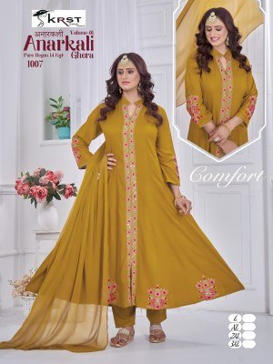 KRST Anarkali Vol 1 Pure Rayon 55 Ghera 50 Long Kurta with Special Round Kali And Designer Sleeve Work, New Rounded Pant Set Astin Work Wholesale fancy Anarkali suit catalogs