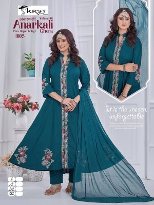 KRST Anarkali Vol 1 Pure Rayon 55 Ghera 50 Long Kurta with Special Round Kali And Designer Sleeve Work, New Rounded Pant Set Astin Work Wholesale fancy Anarkali suit catalogs