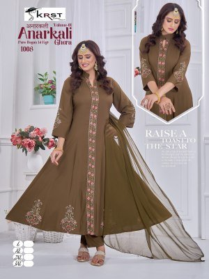 KRST Anarkali Vol 1 Pure Rayon 55 Ghera 50 Long Kurta with Special Round Kali And Designer Sleeve Work, New Rounded Pant Set Astin Work Wholesale fancy Anarkali suit catalogs