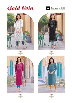 Kadlee by Gold coin reyon screen printed handwork kurti catalogue at affordable rate kurtis catalogs