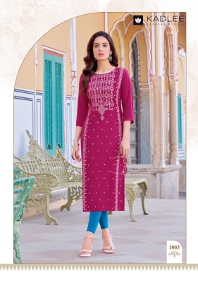 Kadlee by Gold coin reyon screen printed handwork kurti catalogue at affordable rate kurtis catalogs