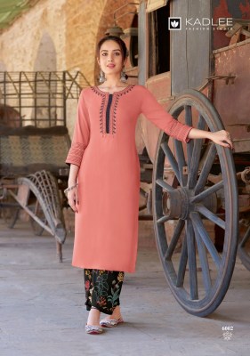 Kadlee by Kaveri heavy reyon embroidered kurti with bottom catalogue at low rate readymade suit catalogs