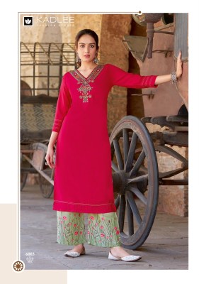 Kadlee by Kaveri heavy reyon embroidered kurti with bottom catalogue at low rate readymade suit catalogs