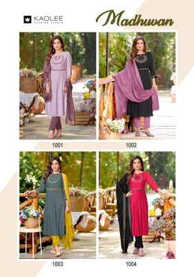 Kadlee by Madhuvan fancy embroidered reyon kurti pant and dupatta catalogue at affordable rate readymade suit catalogs