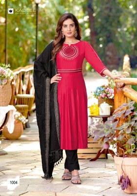 Kadlee by Madhuvan fancy embroidered reyon kurti pant and dupatta catalogue at affordable rate readymade suit catalogs