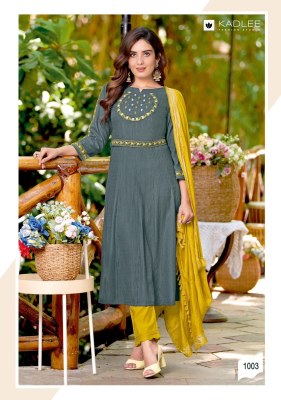 Kadlee by Madhuvan fancy embroidered reyon kurti pant and dupatta catalogue at affordable rate readymade suit catalogs