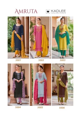 Kadlee by amruta presenting designer neck embroidered straight kurti with pant and dupatta catalogue only on amaviexpo readymade suit catalogs