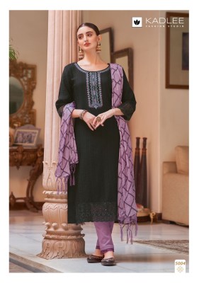 Kadlee by amruta presenting designer neck embroidered straight kurti with pant and dupatta catalogue only on amaviexpo readymade suit catalogs