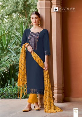 Kadlee by amruta presenting designer neck embroidered straight kurti with pant and dupatta catalogue only on amaviexpo readymade suit catalogs