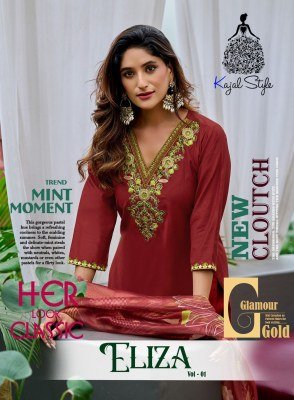 Kajal Style Eliza Vol 1 Straight Kurti with Pant And Organza Jacquard Digital Dupatta Vertican Plain with Fancy Embroidery Work Wholesale Amavi