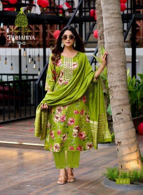 Kajal Style Romaniya Vol 1 Straight Kurti Catalogs Pant Set with Organza Jacquard Dupatta Wholesael Product Amavi