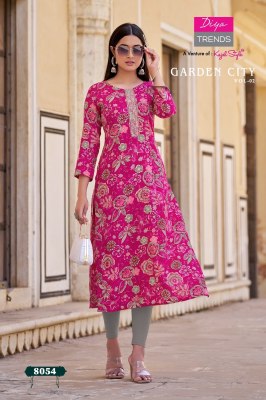 Kajal style by Diya trends reyon foil printed embroidered kurti catalogue at affordable rate kurtis catalogs