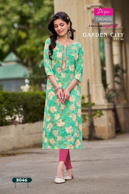 Kajal style by Diya trends reyon foil printed embroidered kurti catalogue at affordable rate kurtis catalogs