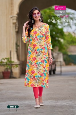 Kajal style by Diya trends reyon foil printed embroidered kurti catalogue at affordable rate kurtis catalogs