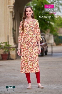 Kajal style by Diya trends reyon foil printed embroidered kurti catalogue at affordable rate kurtis catalogs